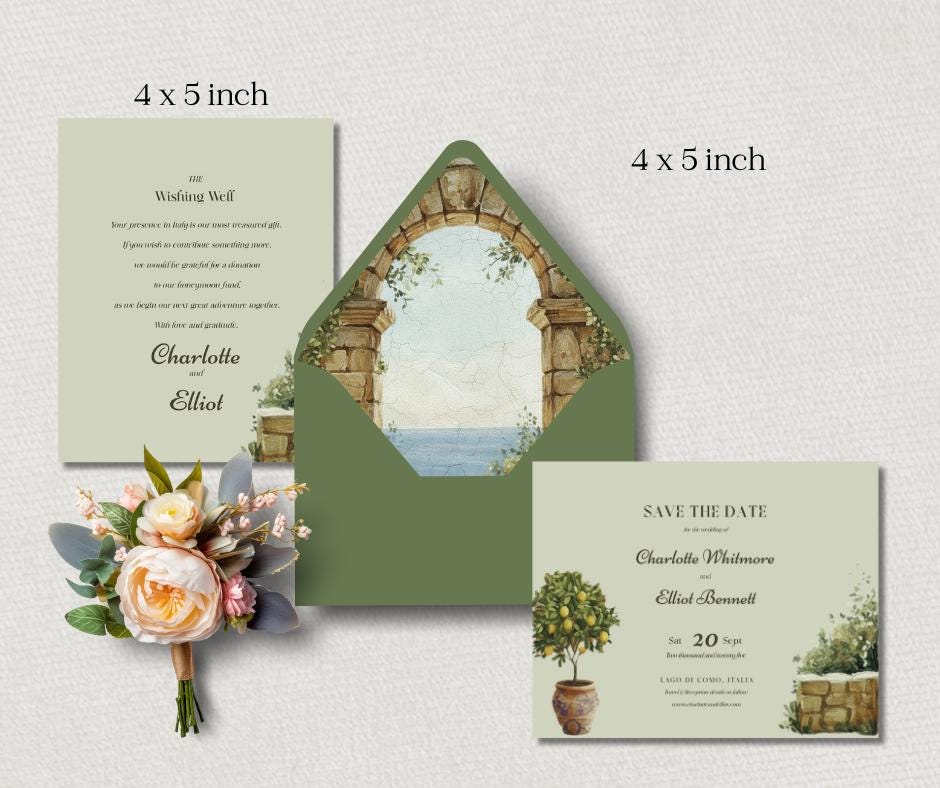 Mediterranean Sage Green Wedding Invitation Suite. Editable Canva Template. Tuscan Destination Bundle. Digital Download.