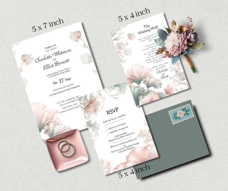 Sage Green and Blush Pink Wedding Invitation Suite. Editable Art Nouveau Canva Digital Download.