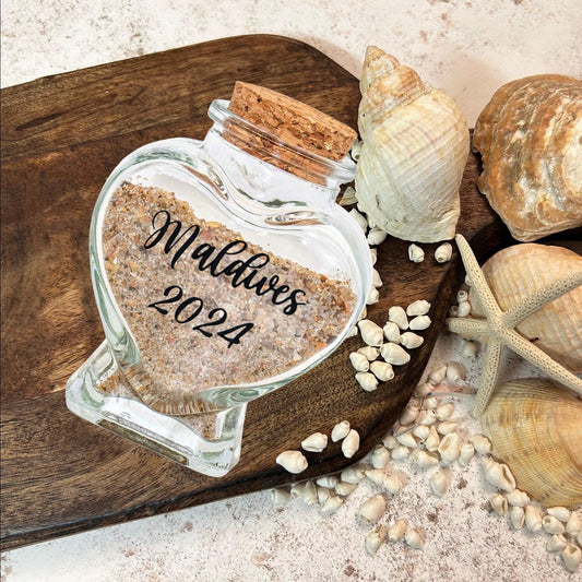 Personalised Heart Glass Sand Keepsake Jar. Beach Vacation Memory Bottle.