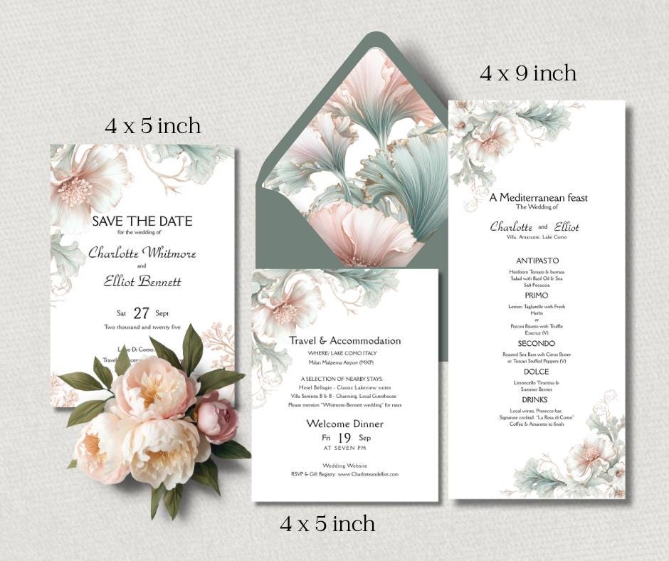 Sage Green and Blush Pink Wedding Invitation Suite. Editable Art Nouveau Canva Digital Download.