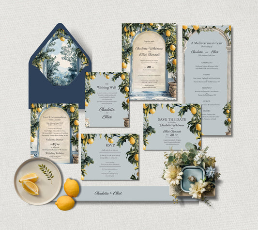 The Amalfi Lemon Grove Suite brings vibrant Mediterranean joy to your wedding stationery — fresh, bright, and endlessly romantic, includes invitation, rsvp, save the date, band, envelope liner, menu and wishing well