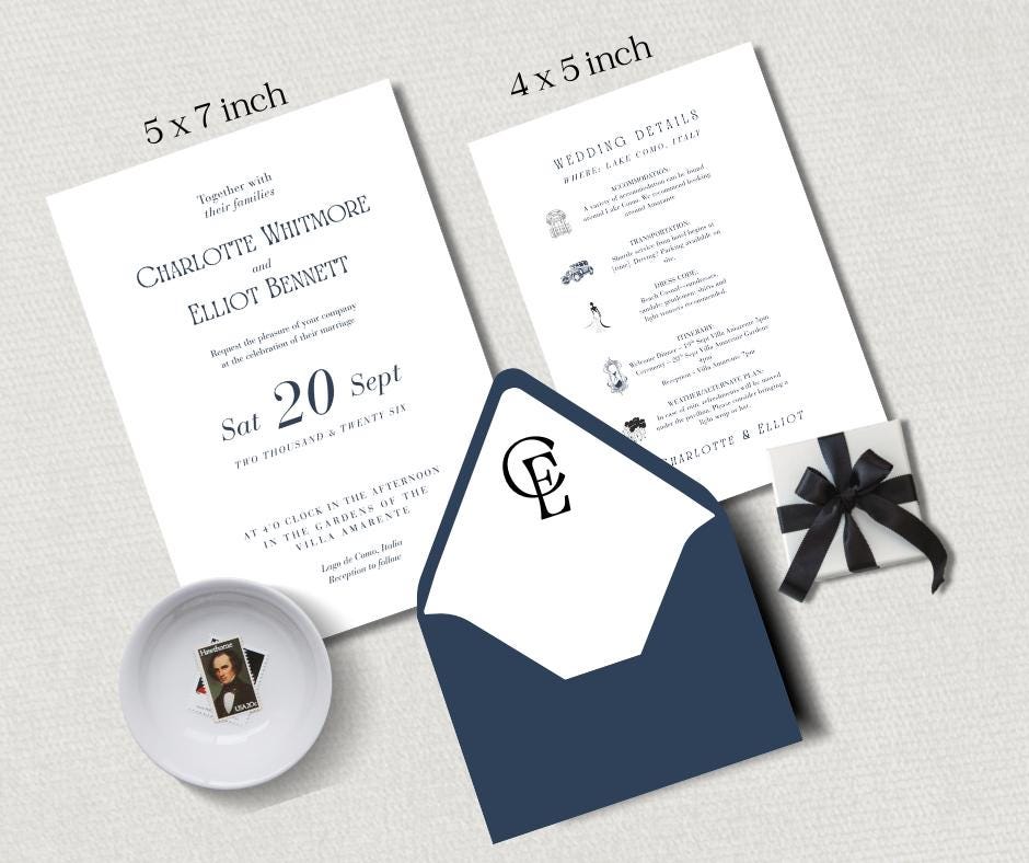 Navy Minimalist Wedding Bundle. Canva Editable Template, Digital Download. Modern Invitation Set.