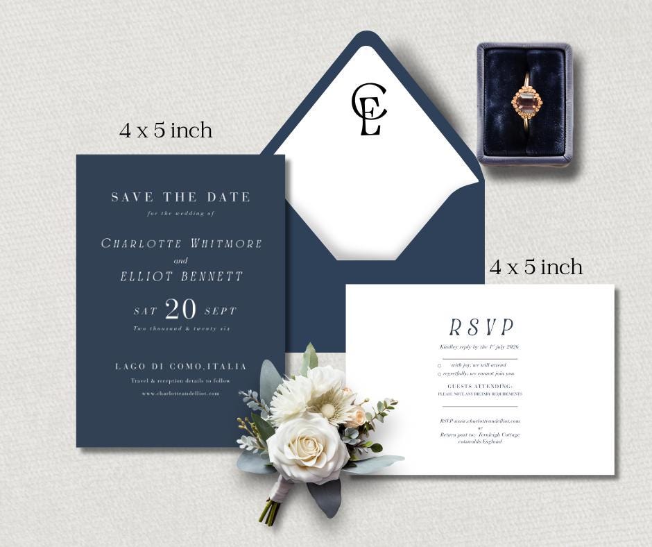 Navy Minimalist Wedding Bundle. Canva Editable Template, Digital Download. Modern Invitation Set.