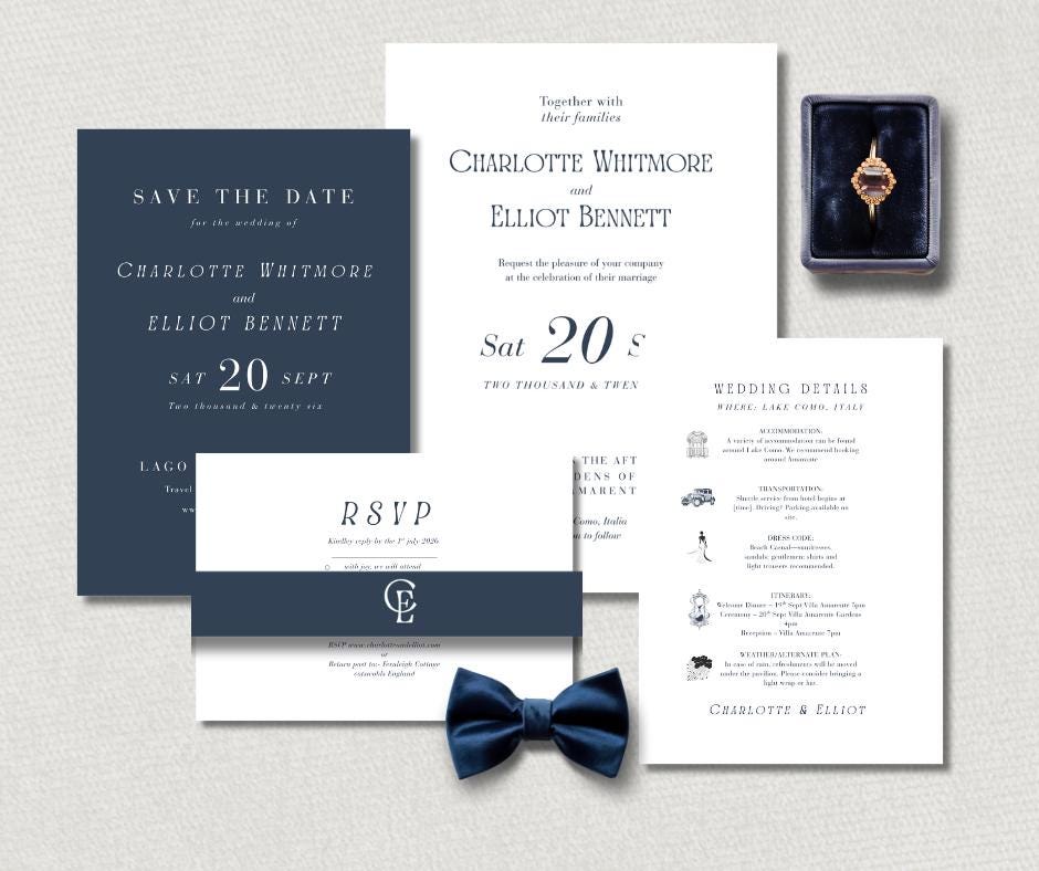 Navy Minimalist Wedding Bundle. Canva Editable Template, Digital Download. Modern Invitation Set.