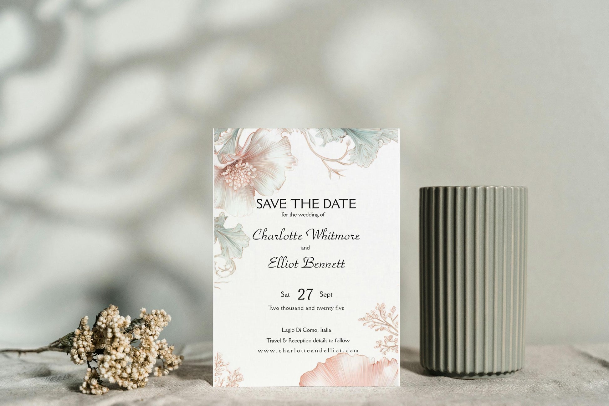 Blush Pink and Sage Green Wedding Invitation Set. Editable Art Nouveau Canva Digital Download.