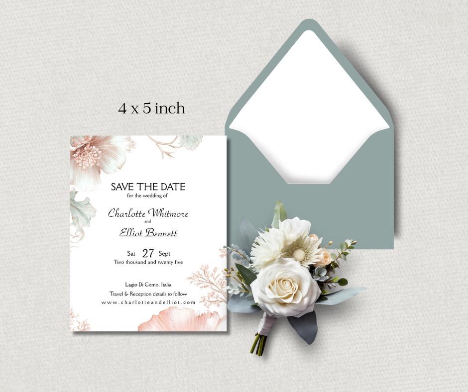 Blush Pink and Sage Green Wedding Invitation Set. Editable Art Nouveau Canva Digital Download.