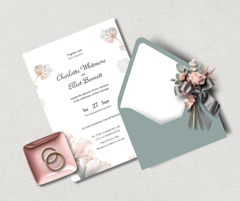 Blush Pink and Sage Green Wedding Invitation Set. Editable Art Nouveau Canva Digital Download.