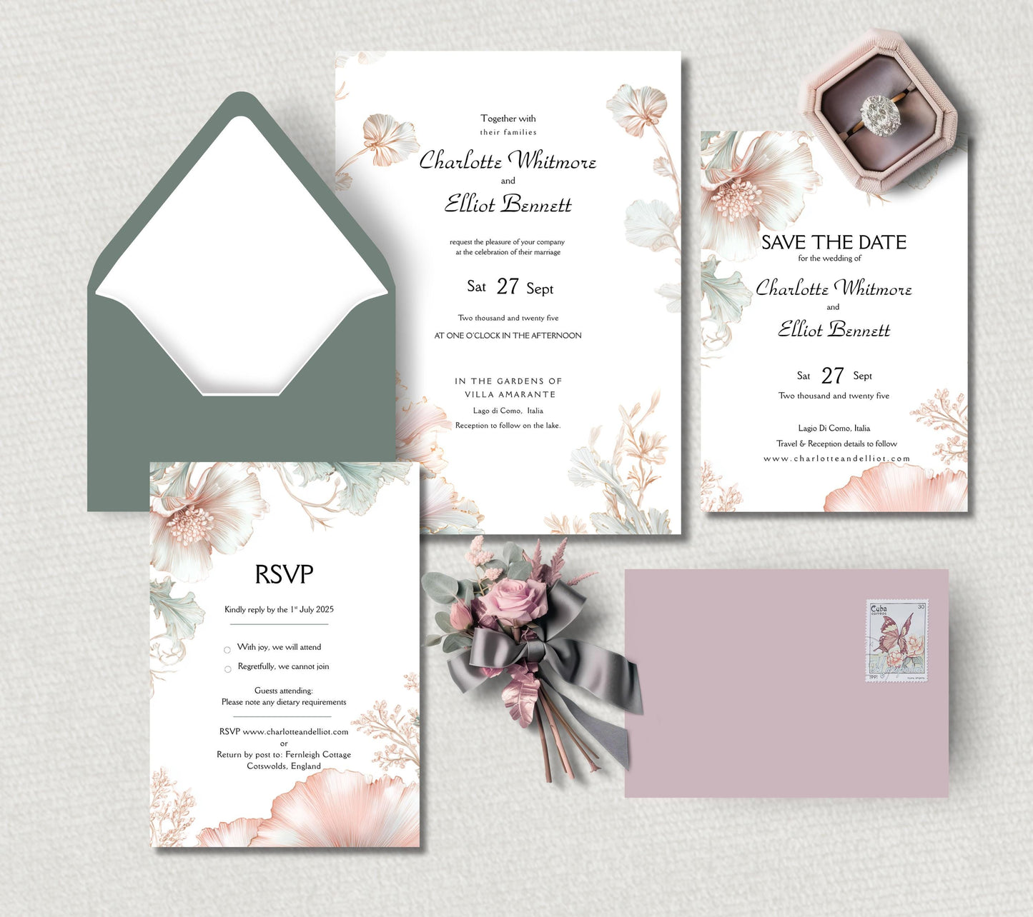 Blush Pink and Sage Green Wedding Invitation Set. Editable Art Nouveau Canva Digital Download.
