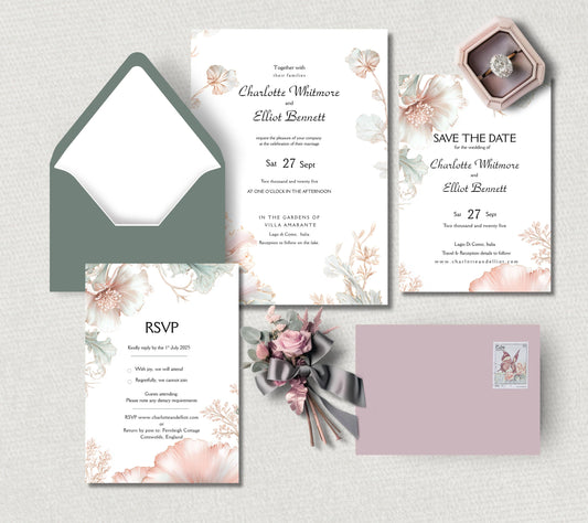 Blush Pink and Sage Green Wedding Invitation Set. Editable Art Nouveau Canva Digital Download.