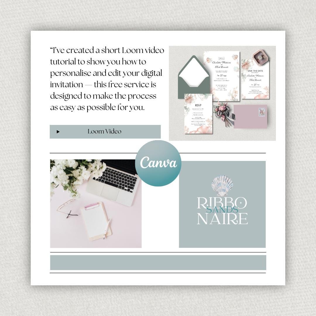 Blush Pink and Sage Green Wedding Invitation Set. Editable Art Nouveau Canva Digital Download.