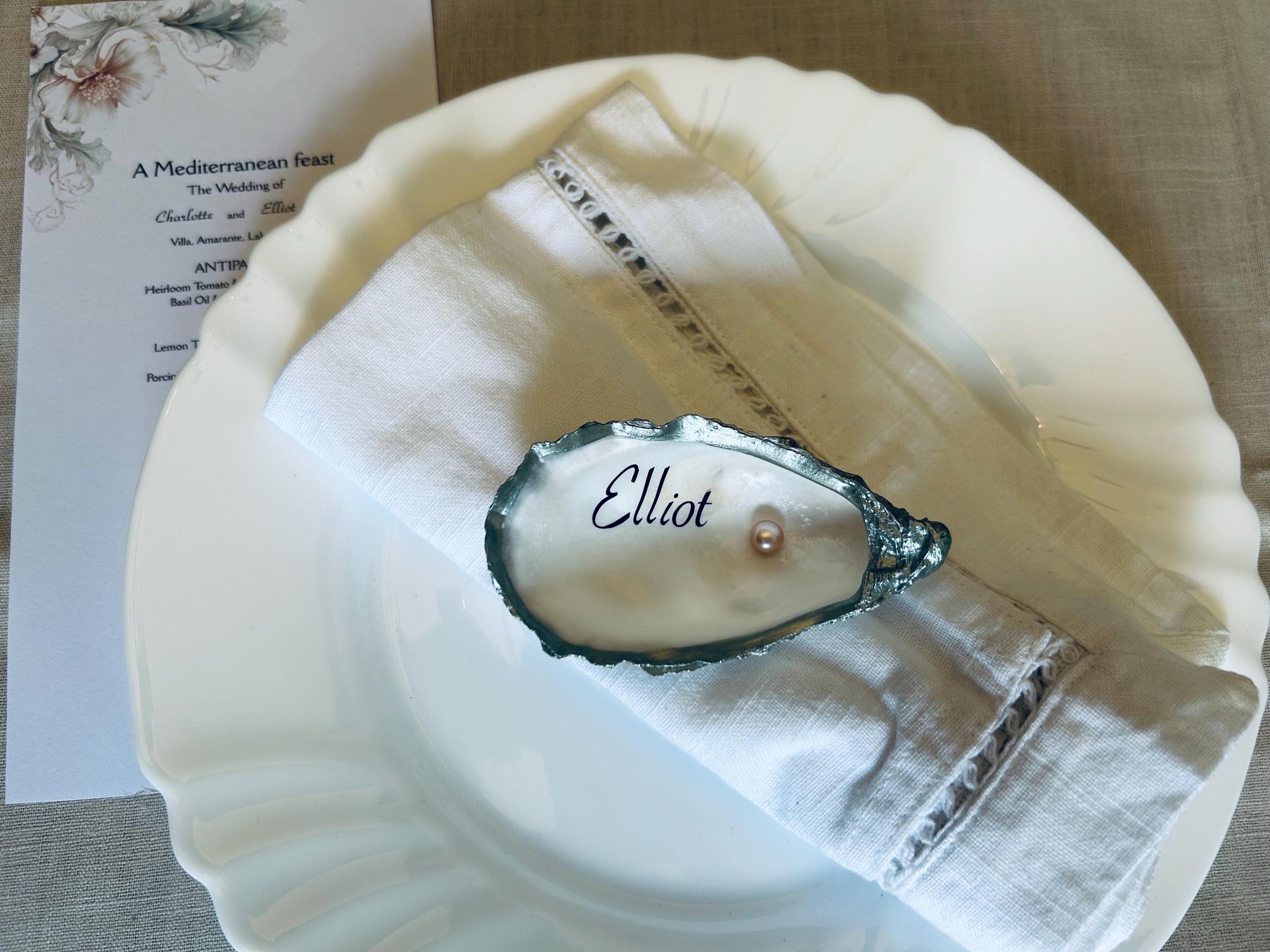 Personalised Green and Pink Oyster Shell Wedding Place Name. Guest Keepsake.