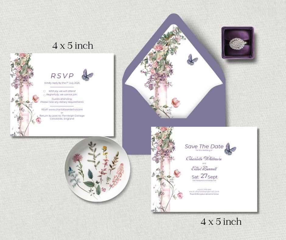 Lavender Wedding Invitation Bundle. Elegant Floral Arch and Butterfly Digital Download. Customisable Editable Template.