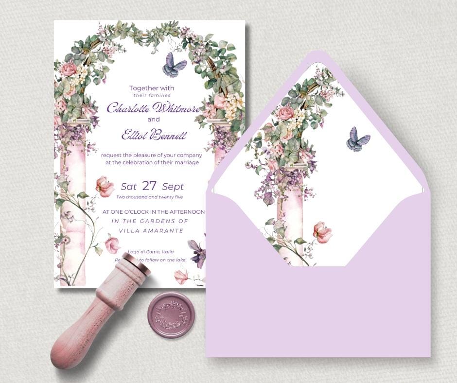 Lavender Wedding Invitation Bundle. Elegant Floral Arch and Butterfly Digital Download. Customisable Editable Template.