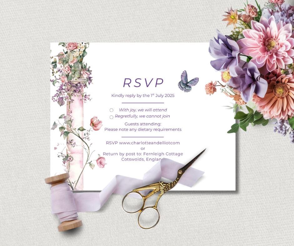 Lavender Wedding Invitation Bundle. Elegant Floral Arch and Butterfly Digital Download. Customisable Editable Template.