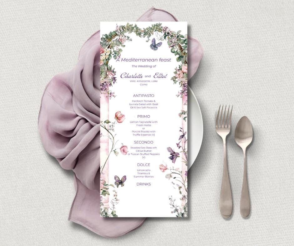 Lavender Wedding Invitation Bundle. Elegant Floral Arch and Butterfly Digital Download. Customisable Editable Template.