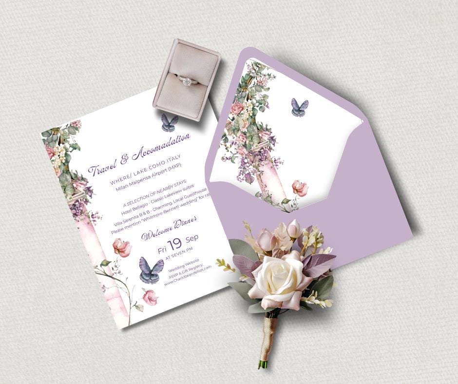 Lavender Wedding Invitation Bundle. Elegant Floral Arch and Butterfly Digital Download. Customisable Editable Template.