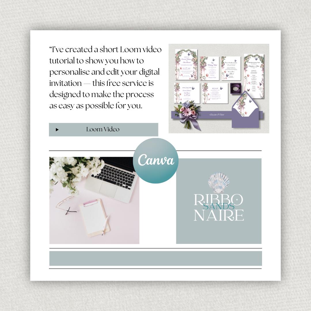 Lavender Wedding Invitation Bundle. Elegant Floral Arch and Butterfly Digital Download. Customisable Editable Template.