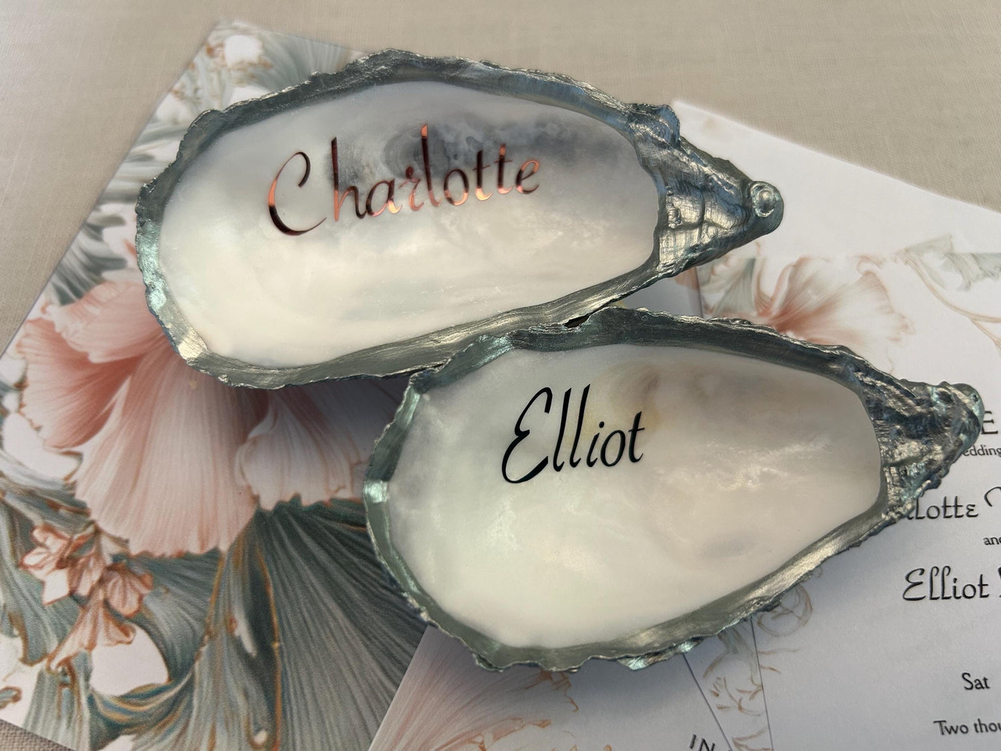 Personalised Green and Pink Oyster Shell Wedding Place Name. Guest Keepsake.