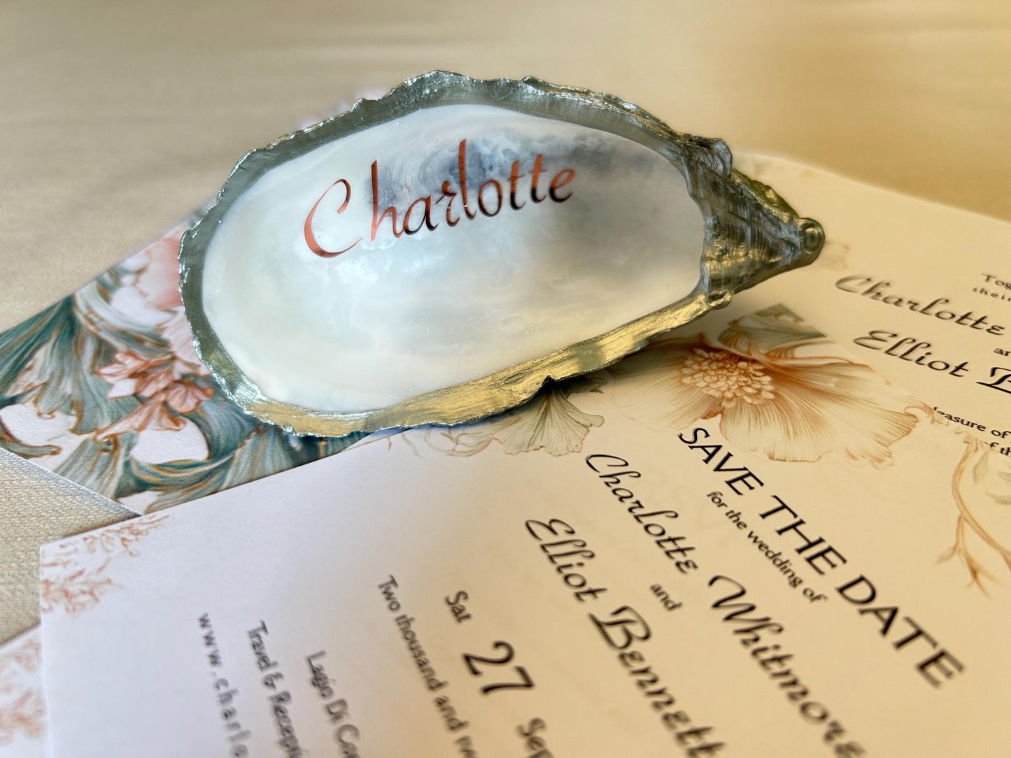 Personalised Green and Pink Oyster Shell Wedding Place Name. Guest Keepsake.