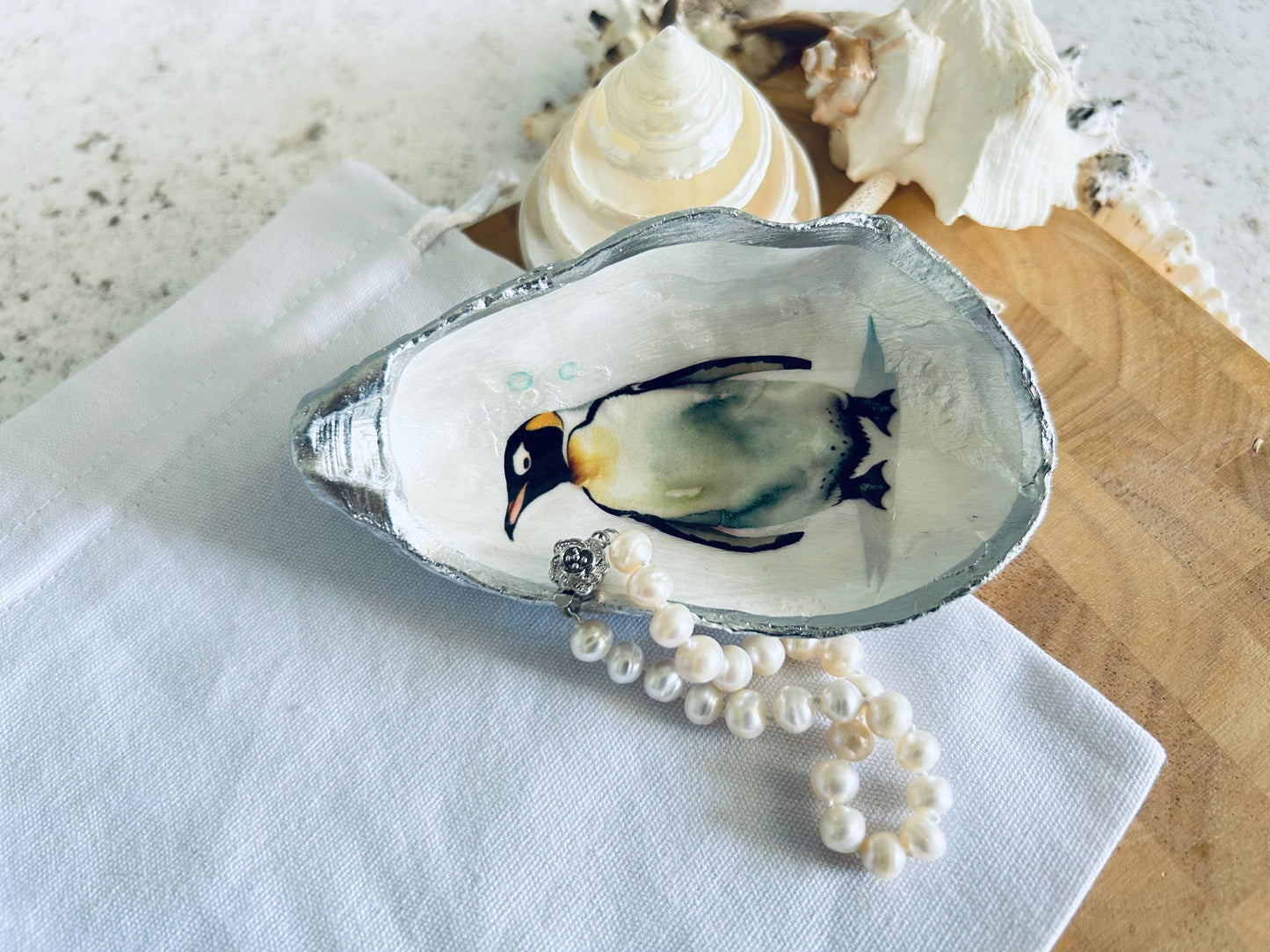 Silver Penguin Oyster Shell Ring Dish. Sea Life Jewellery Holder.