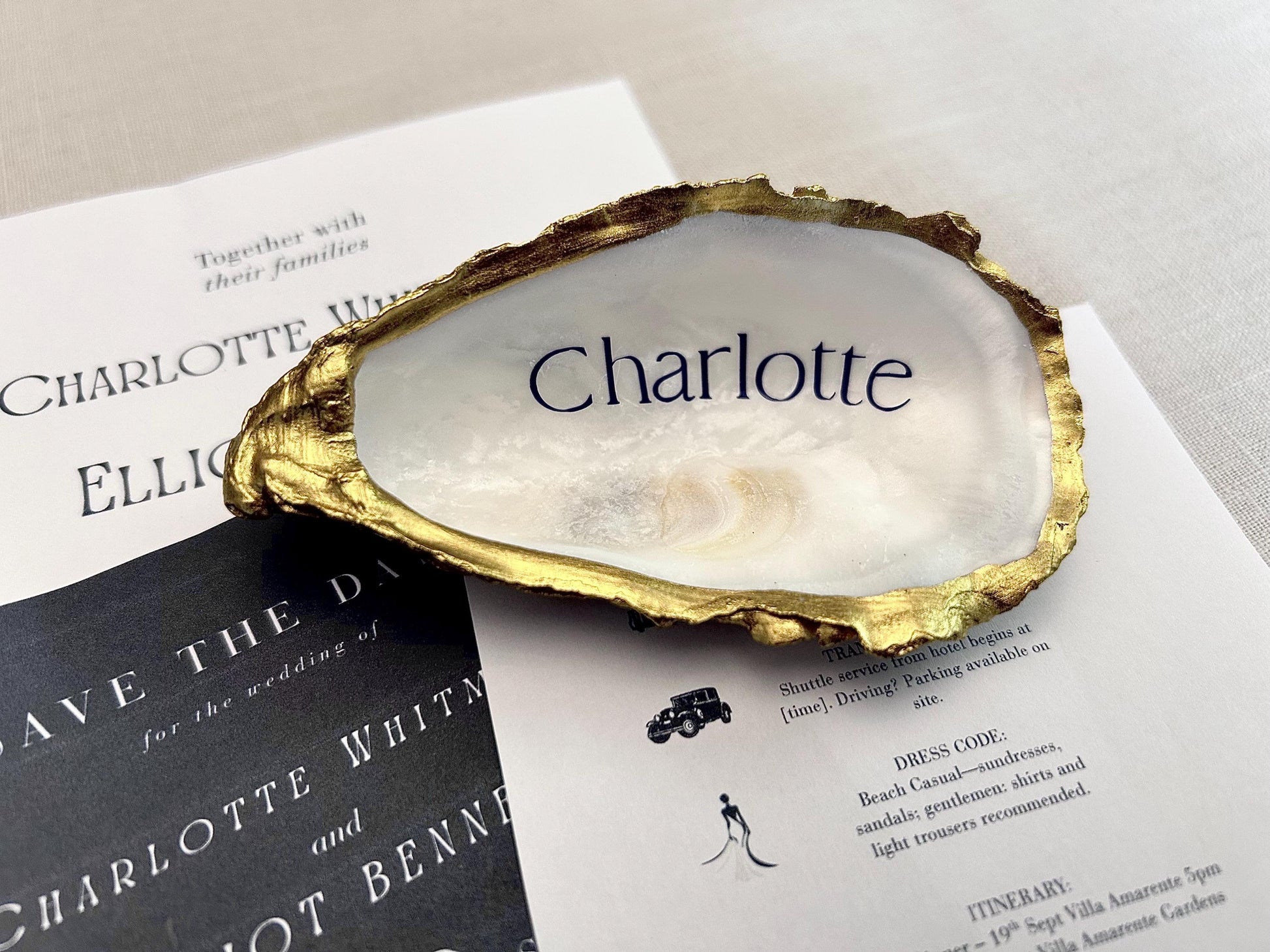 Gold Oyster Shell Place Cards. Personalised Wedding Name Place. Coastal Favour Gift.