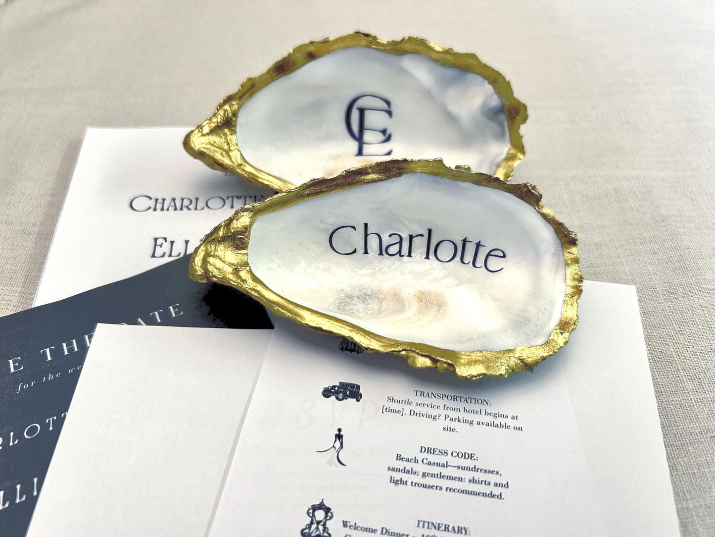 Gold Oyster Shell Place Cards. Personalised Wedding Name Place. Coastal Favour Gift.