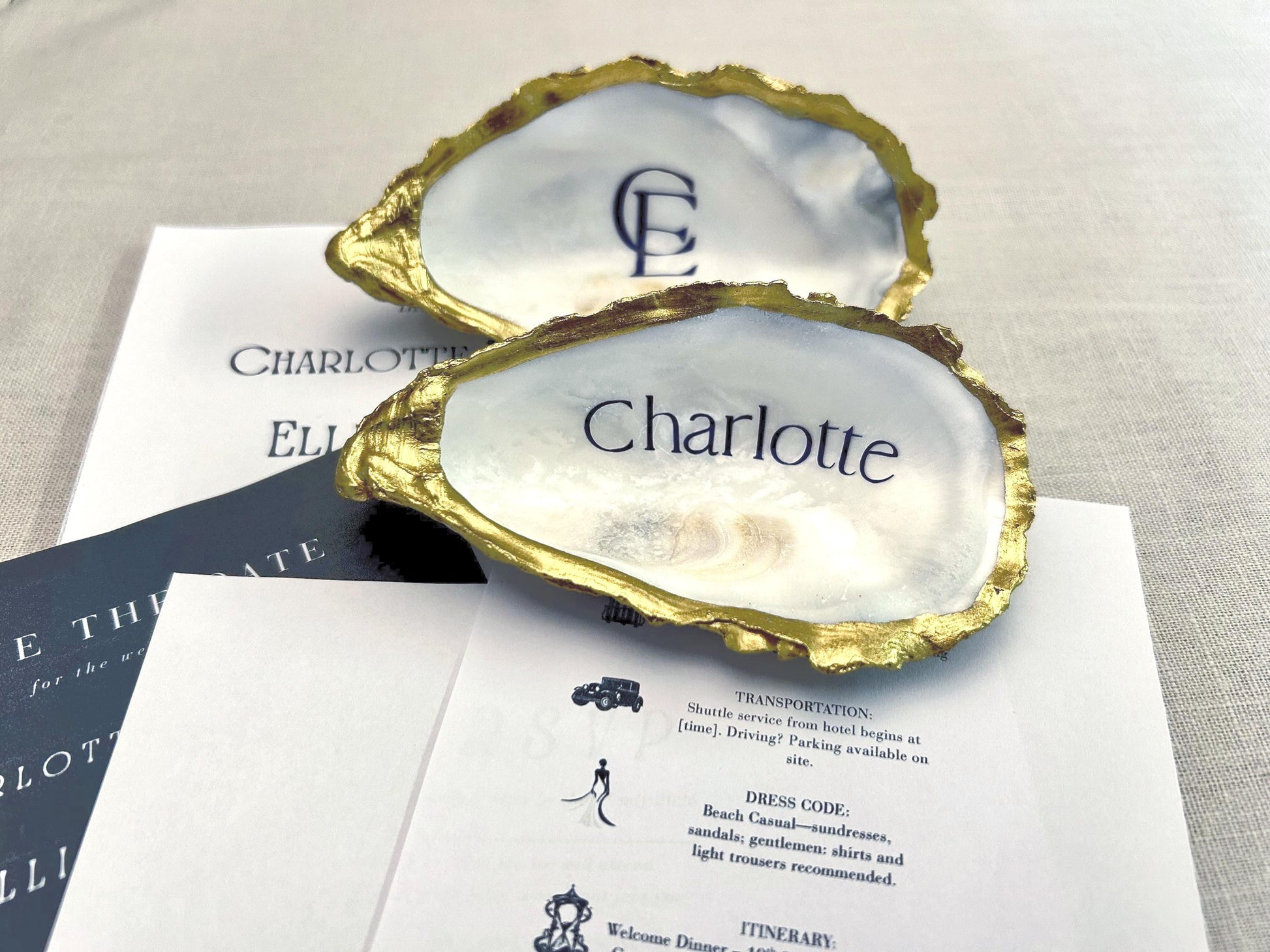 Gold Oyster Shell Place Cards. Personalised Wedding Name Place. Coastal Favour Gift.