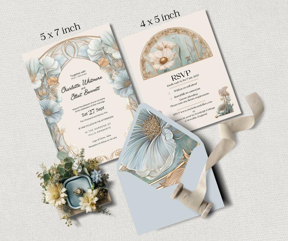 Blue Wedding Invitation Suite. Elegant Arch and Floral Digital Download. Customisable Editable Template.
