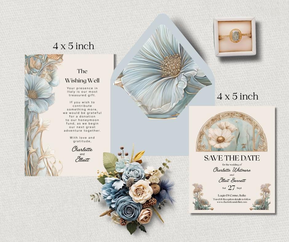 Blue Wedding Invitation Suite. Elegant Arch and Floral Digital Download. Customisable Editable Template.