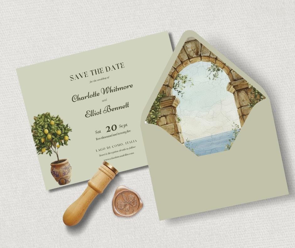 Mediterranean Sage Green Wedding Invitation Suite. Editable Canva Template. Tuscan Destination Bundle. Digital Download.
