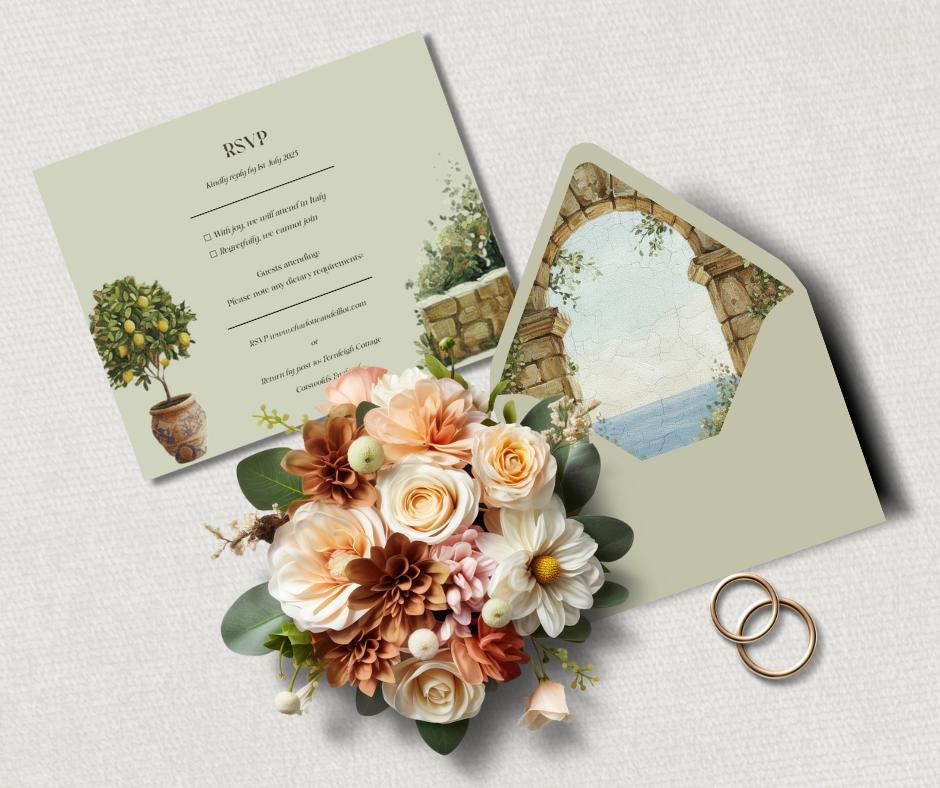 Mediterranean Sage Green Wedding Invitation Suite. Editable Canva Template. Tuscan Destination Bundle. Digital Download.