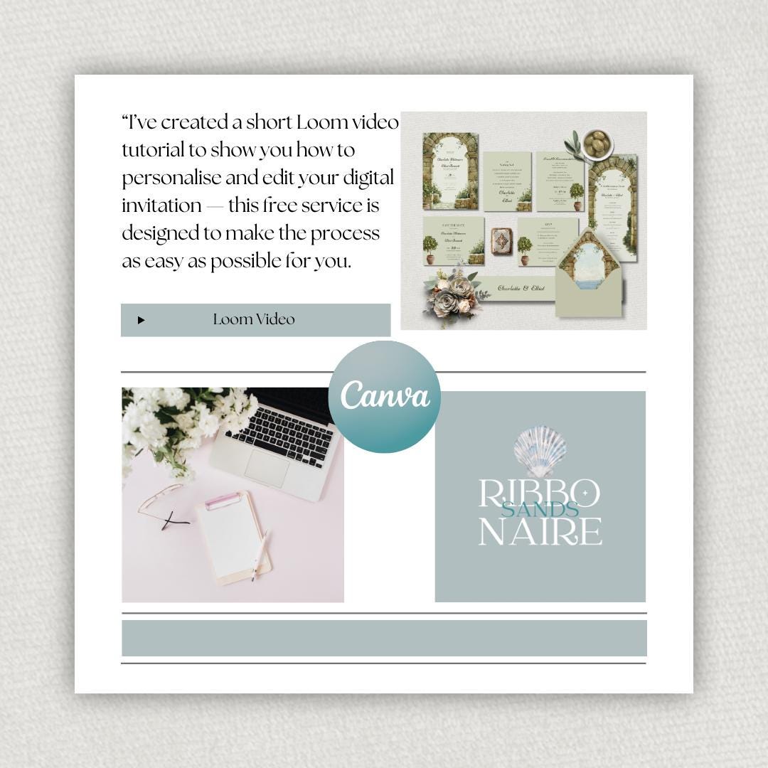 Mediterranean Sage Green Wedding Invitation Suite. Editable Canva Template. Tuscan Destination Bundle. Digital Download.