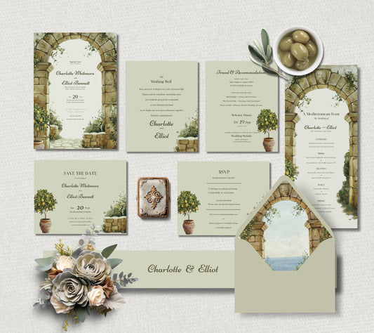 Soft sage, olive tones, and golden light
The Mediterranean  Suite was inspired by Italian villas and coastal evenings — perfect for vineyard or outdoor weddings this suite includes, invitation, save the date, RSVP, wishing well, details card, menu, band and envelope liner