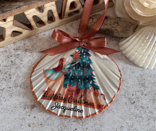 Personalised Christmas Decoration. Natural Scallop Shell Holiday Scene Hanging Decoration.