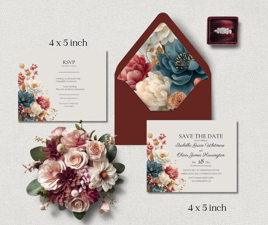 Autumn Wedding Invitation Bundle. Fall Floral Template. Customisable Digital Download Suite.
