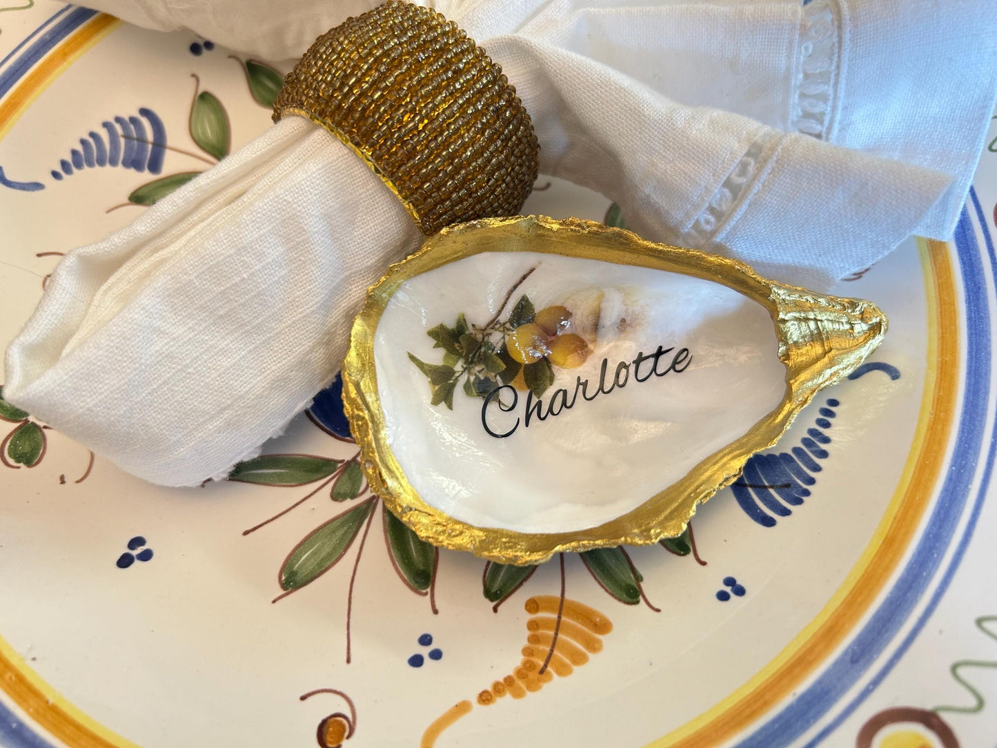 Lemon Oyster Shell Wedding Place setting. Personalisec Wedding Favor Name Card.