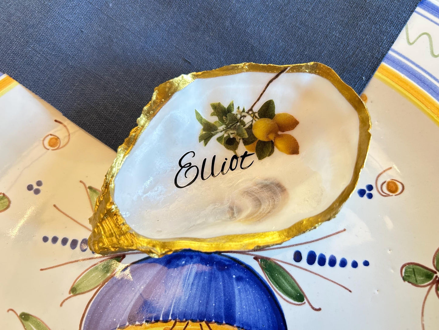 Lemon Oyster Shell Wedding Place setting. Personalisec Wedding Favor Name Card.