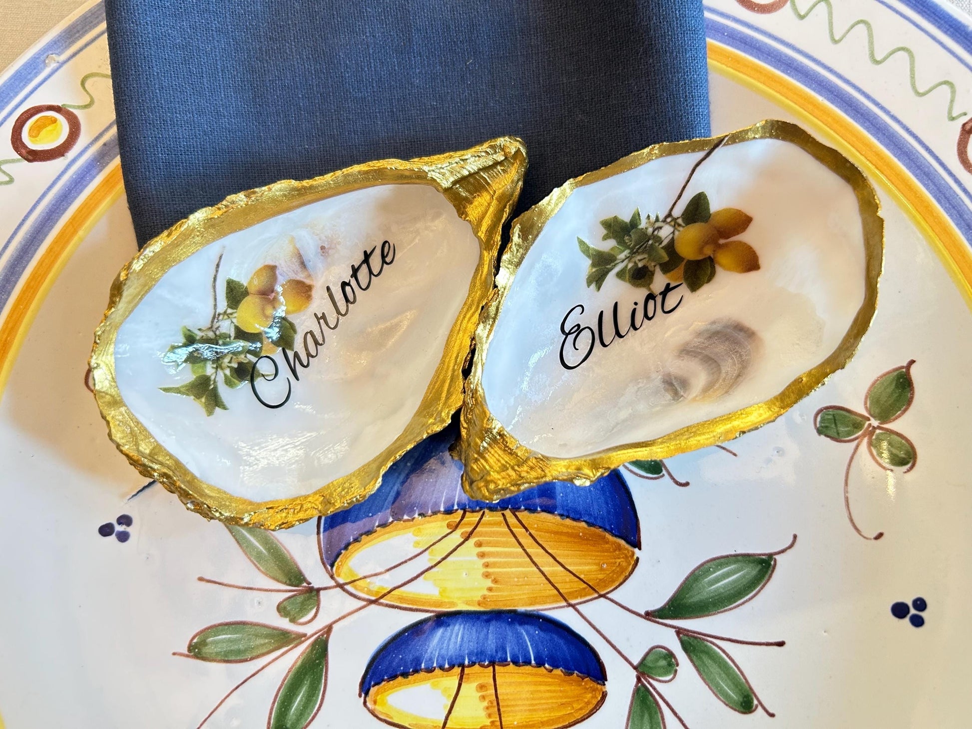 Lemon Oyster Shell Wedding Place setting. Personalisec Wedding Favor Name Card.