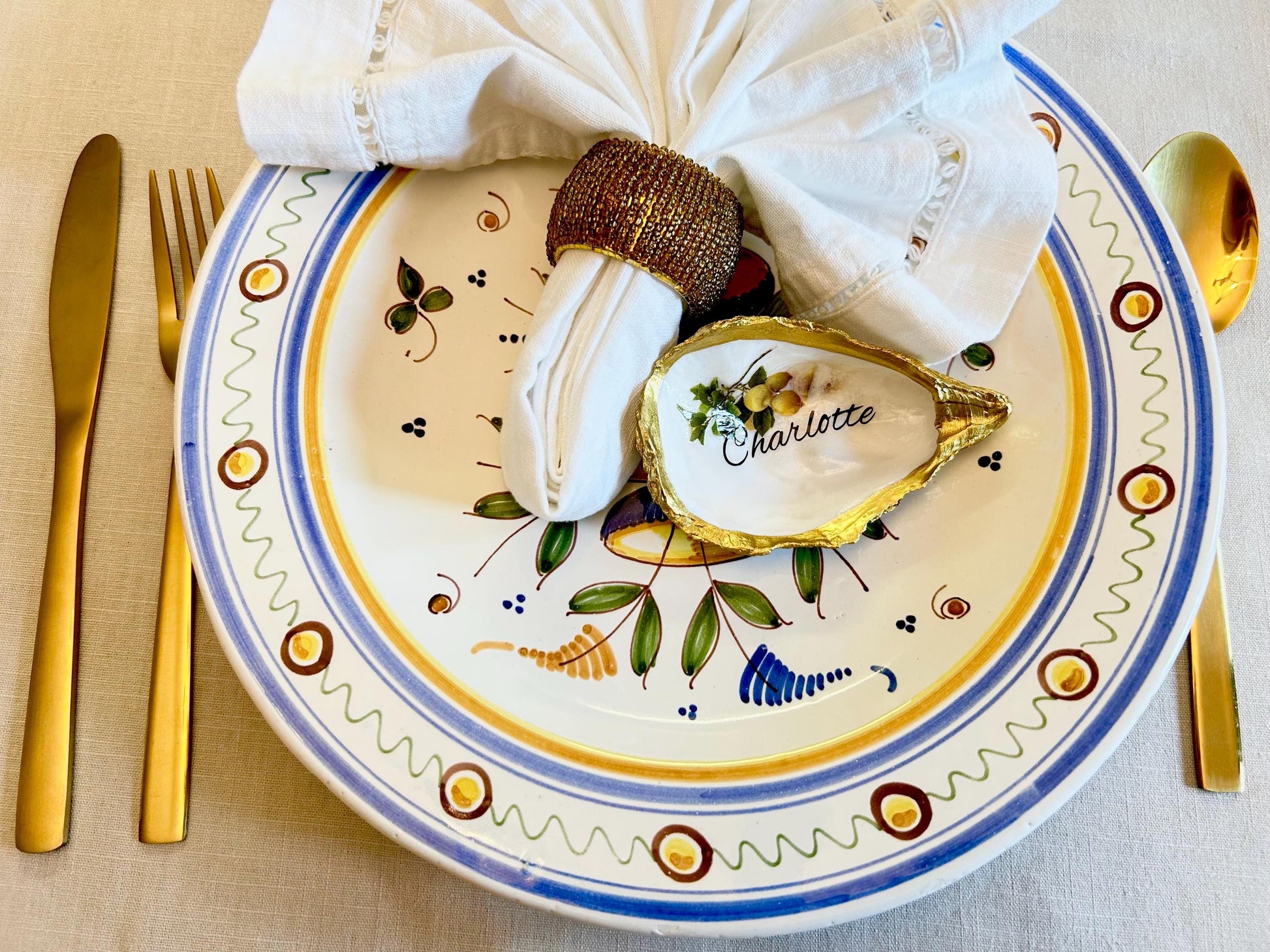 Lemon Oyster Shell Wedding Place setting. Personalisec Wedding Favor Name Card.
