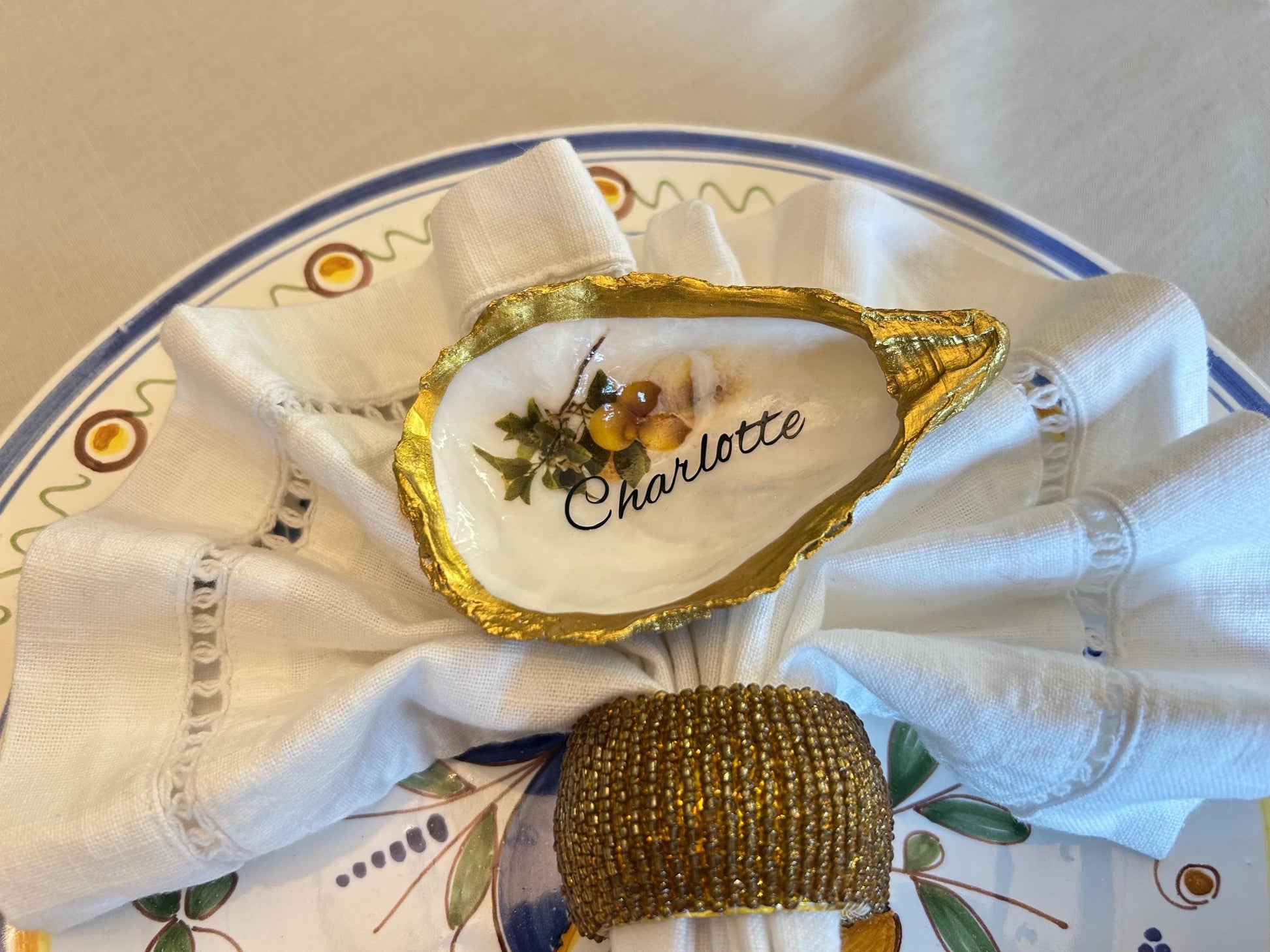 Lemon Oyster Shell Wedding Place setting. Personalisec Wedding Favor Name Card.