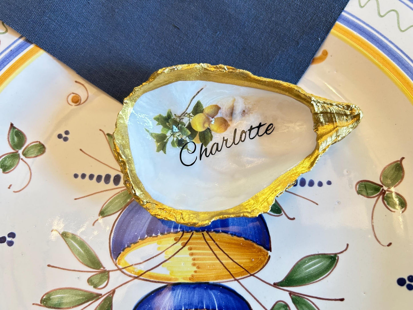 Lemon Oyster Shell Wedding Place setting. Personalisec Wedding Favor Name Card.