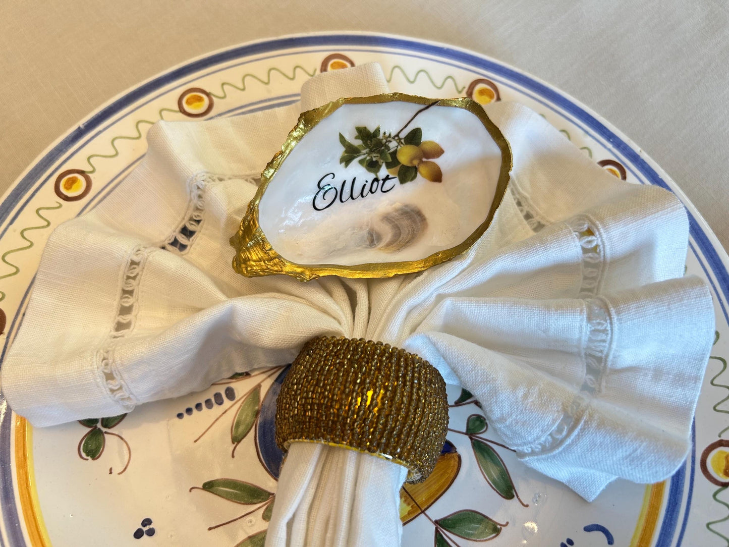 Lemon Oyster Shell Wedding Place setting. Personalisec Wedding Favor Name Card.