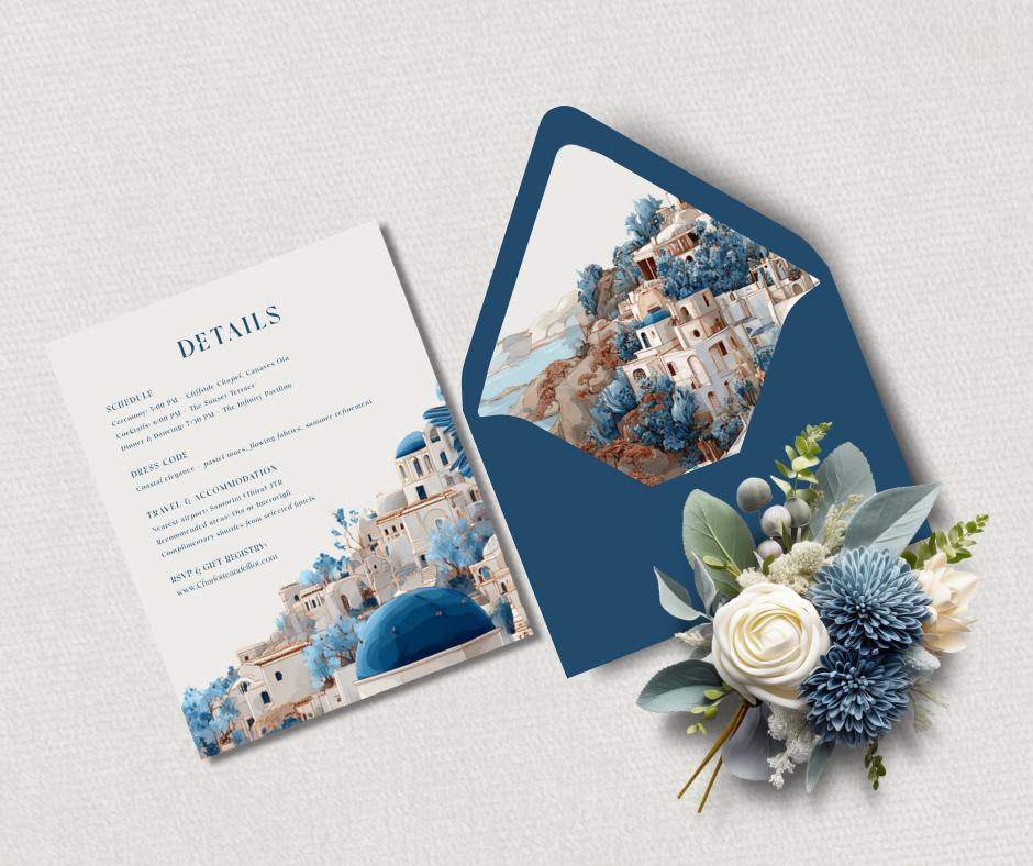 Santorini Digital Wedding Invitation. Elegant Greek Destination Bundle. Customisable Template, Instant Download.