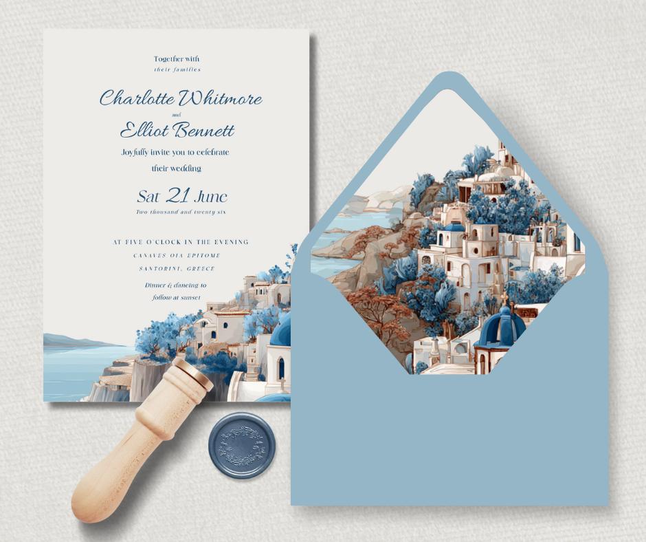 Santorini Digital Wedding Invitation. Elegant Greek Destination Bundle. Customisable Template, Instant Download.
