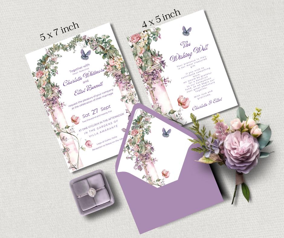 Lavender Wedding Invitation Bundle. Elegant Floral Arch and Butterfly Digital Download. Customisable Editable Template.