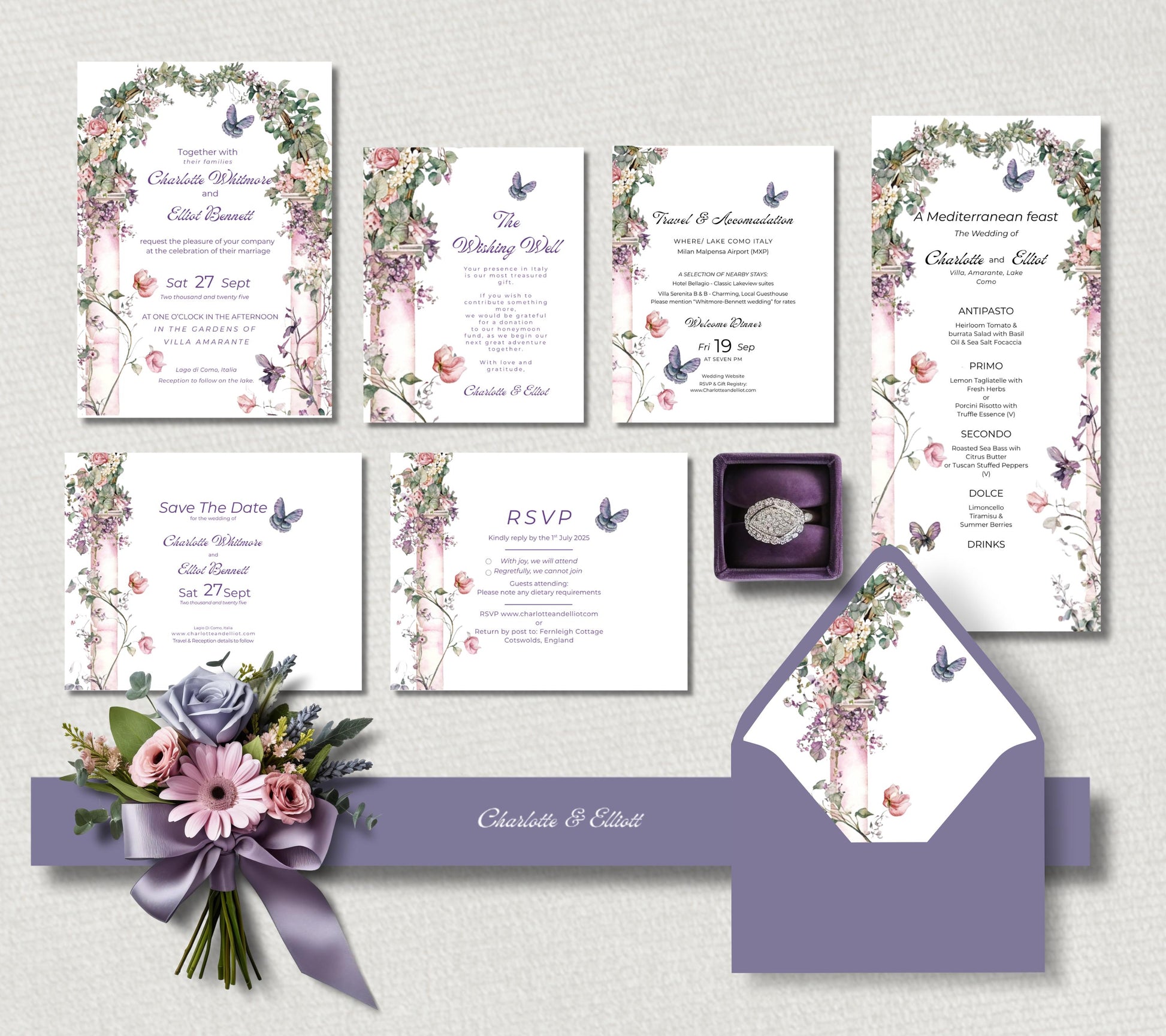 Soft romance and countryside calm 
The Lavender Suite brings the scent of Provence to your wedding stationery collection — elegant, floral, and timeless. Includes Invitation, RSVP, save the date, wishing well, detail card, menu, band and envelope liner.