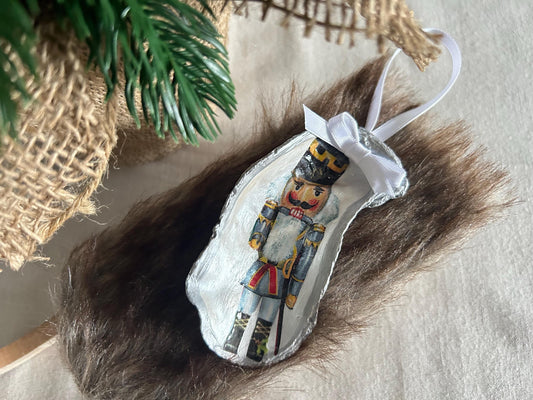 Nutcracker Christmas Tree Ornament. Silver Oyster Shell Holiday Decoration.