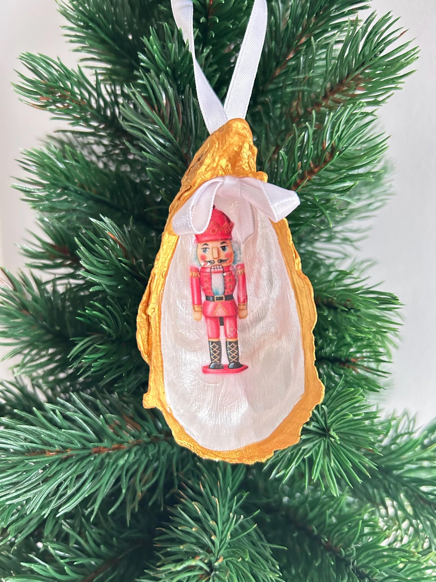 Personalised Nutcracker Oyster Shell Christmas Ornament, Pink Holiday Decor. Handcrafted Tree Decoration.