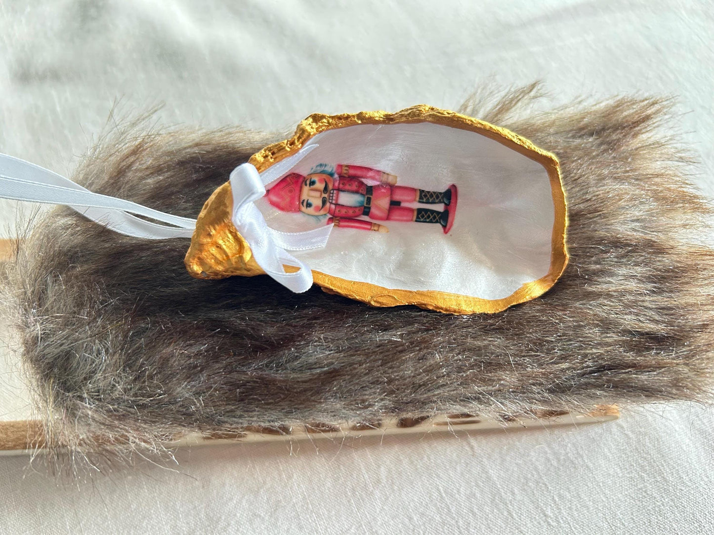 Personalised Nutcracker Oyster Shell Christmas Ornament, Pink Holiday Decor. Handcrafted Tree Decoration.