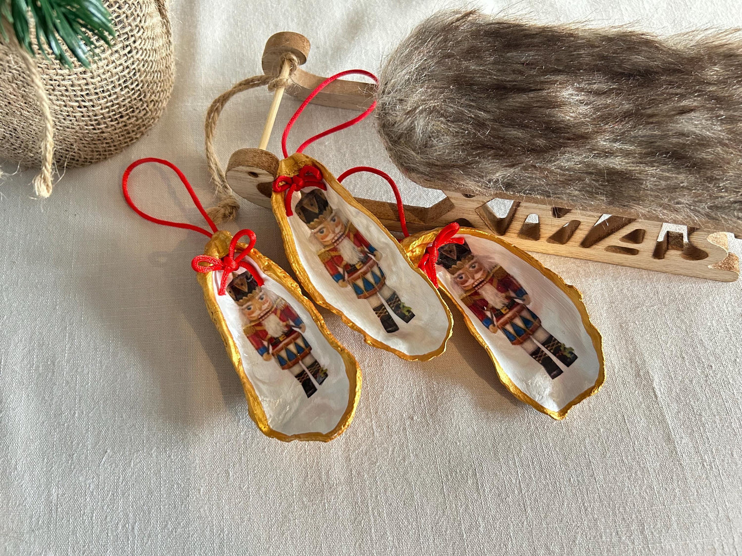 Personalised Nutcracker Oyster Shell Hanging Bauble. Festive Gold Christmas Soldier Tree Decoration.